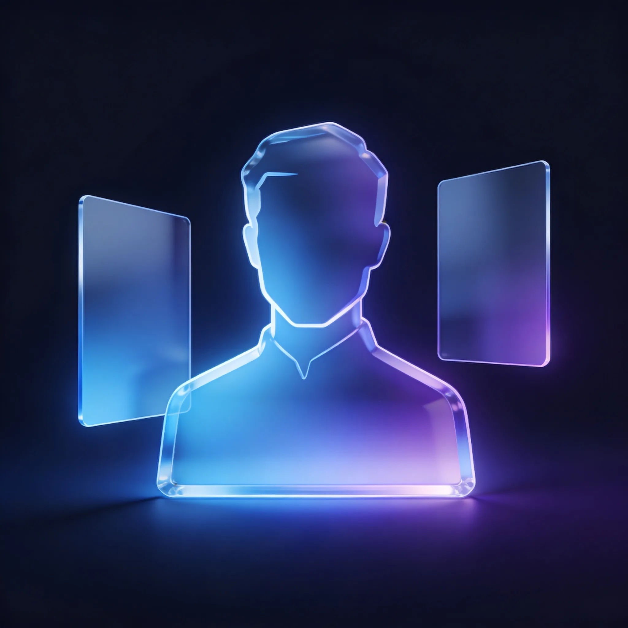 Professional profile visual with blue and purple gradient overlays.