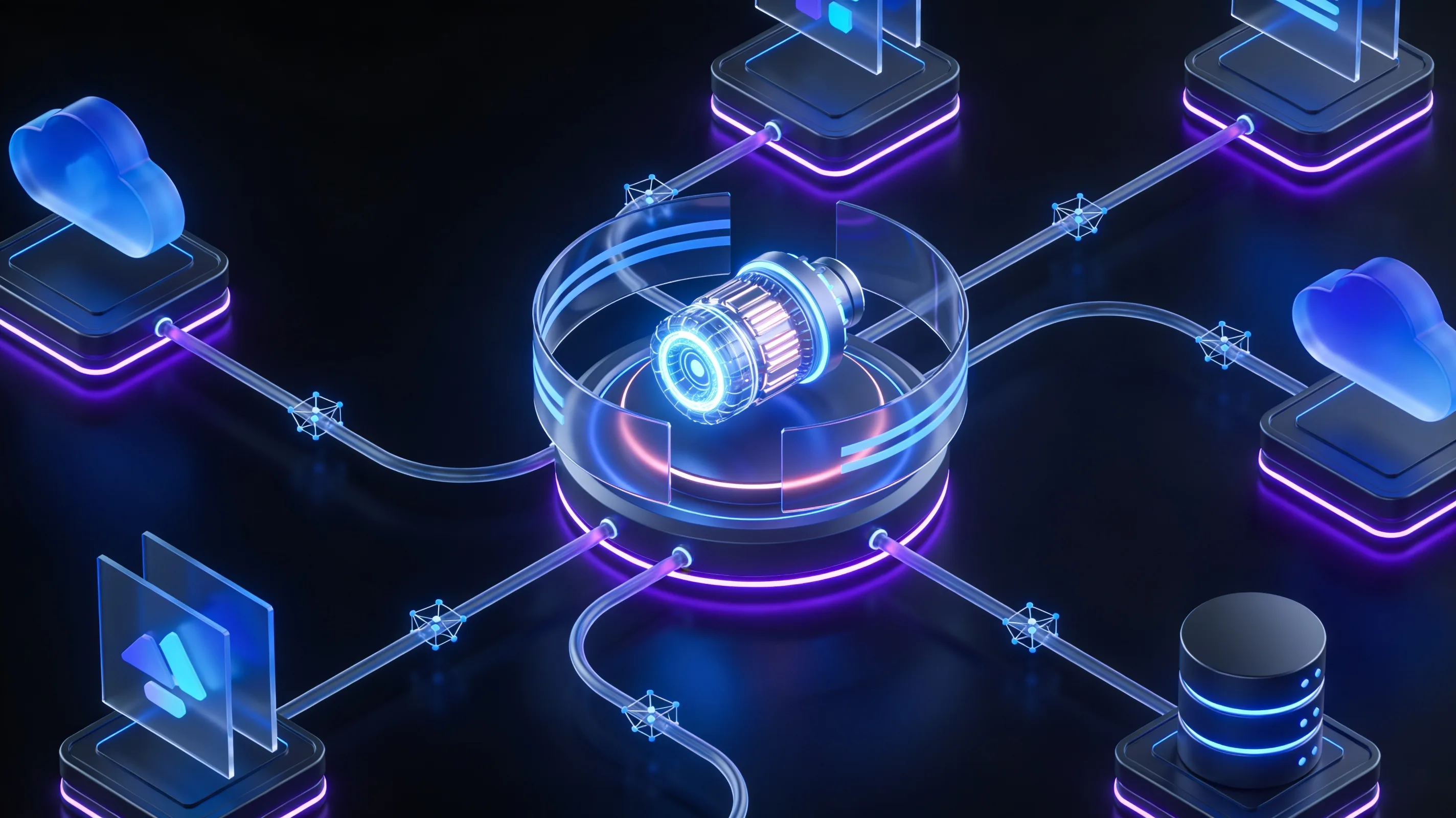 Abstract engine architecture visual with layered blue and purple data paths.