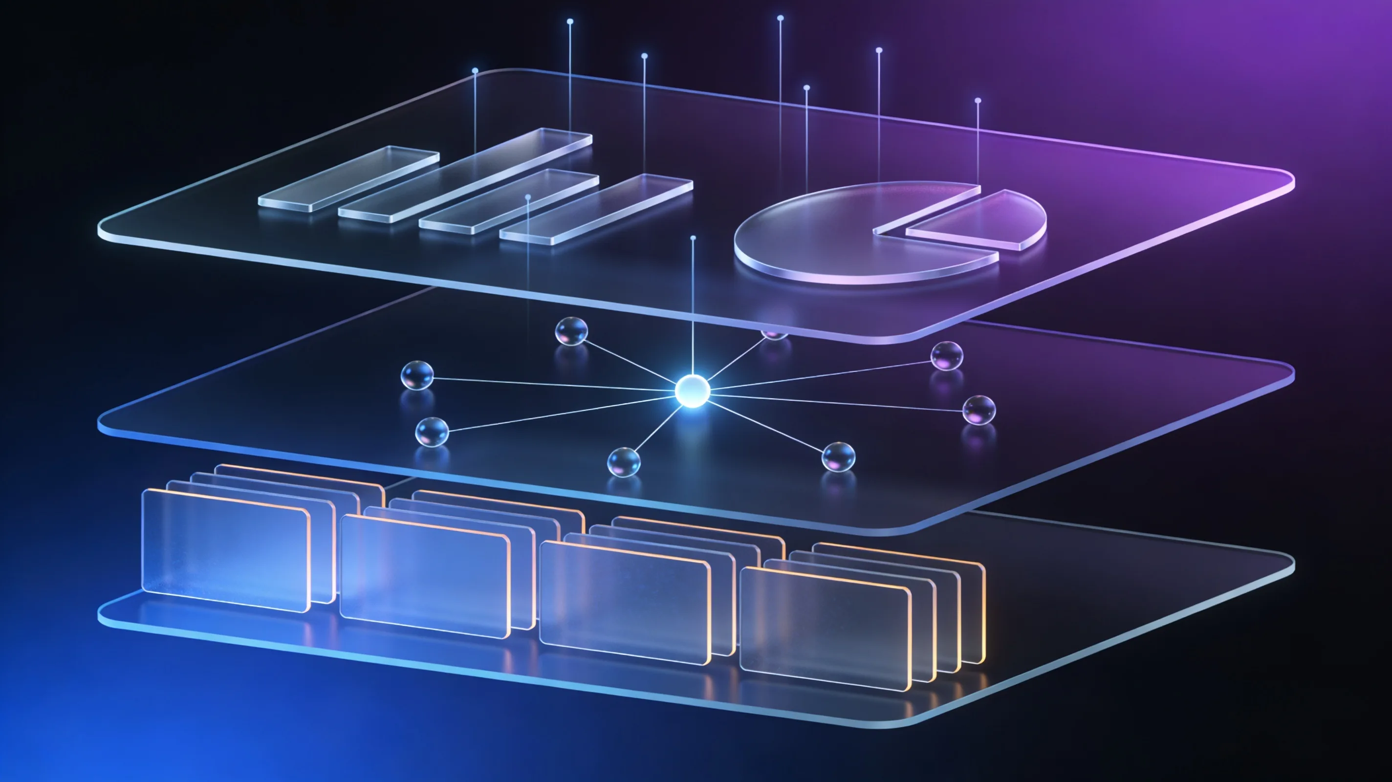 Abstract glowing pipeline core with connected data flow lanes.